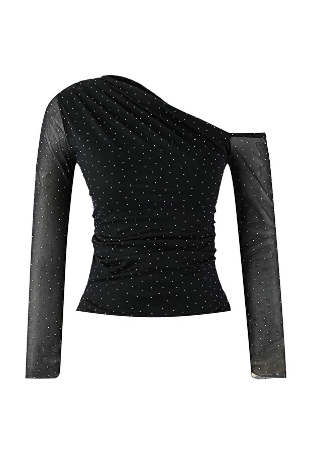 Siyah Parıltılı Taş Baskılı Asimetrik Yaka Örme Party Bluz TPRAW26BZ00061 - 5