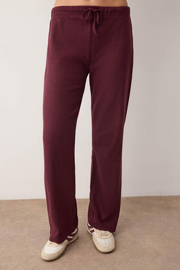 Bordo Kapüşonlu Relaxed/Rahat Kesim Fitilli Beli Lastikli Örme Eşofman Takımı TWOAW26EM00004 - 3