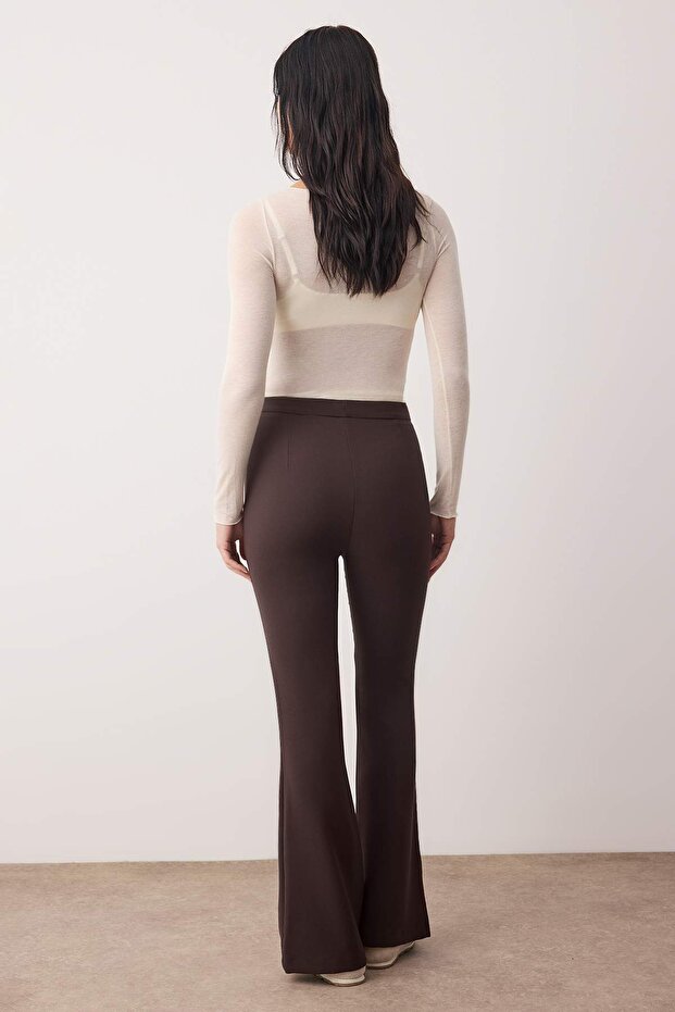 Koyu Kahverengi Flare İspanyol Paça Bootcut Dokuma Pantolon TOFAW19BB0581 - 4