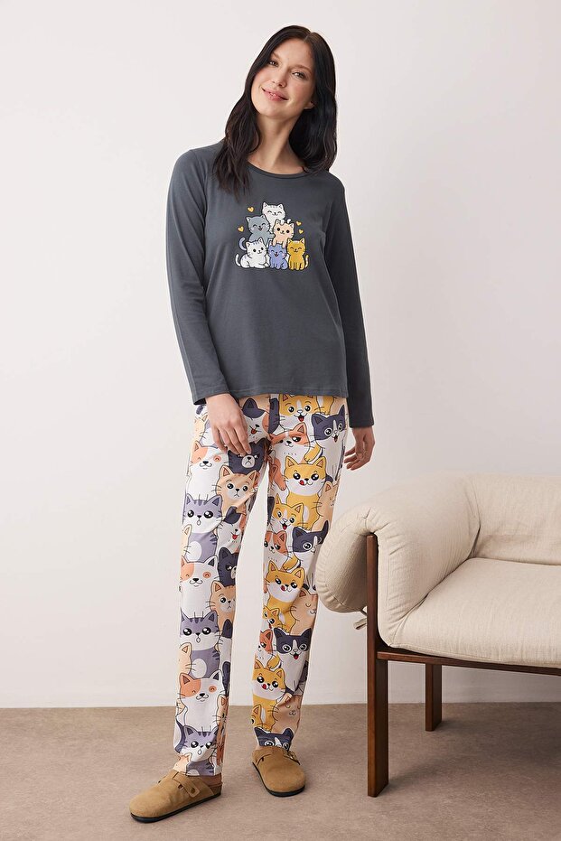 Antrasit Kedi Desenli Pamuklu Likralı Yumuşak Tuşe Örme Pijama Takımı THMAW26PT00167 - 1