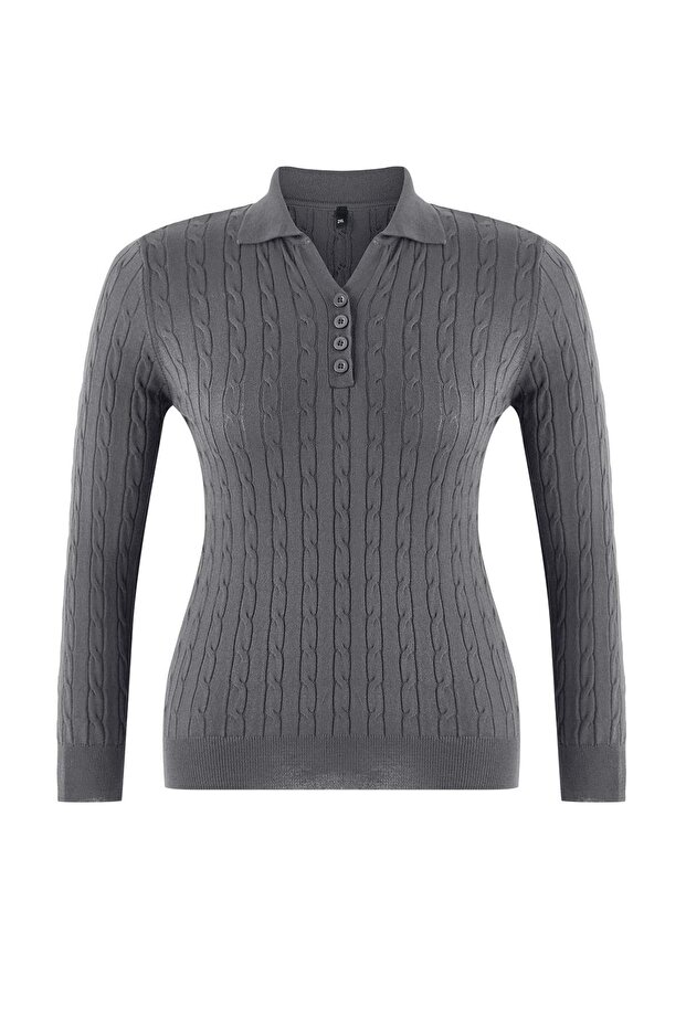 Gri Polo Yaka Saç Örgülü İnce Triko Bluz TBBAW26AF00005 - 2