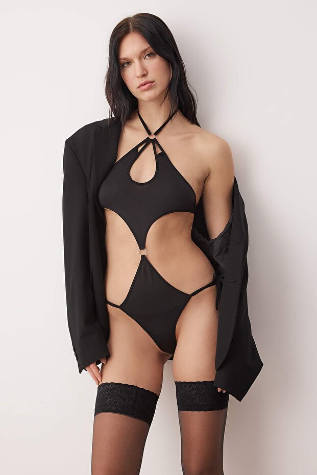Siyah Bağlama Detaylı Micro Fitted Örme Body THMAW26BD00018 - 1