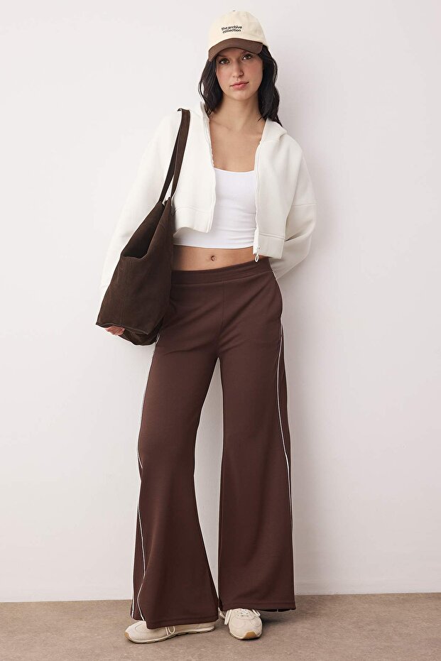 Kahverengi Biyeli Wide Leg/Geniş Paça Örme Spor Eşofman Altı THMAW26EA00001 - 3