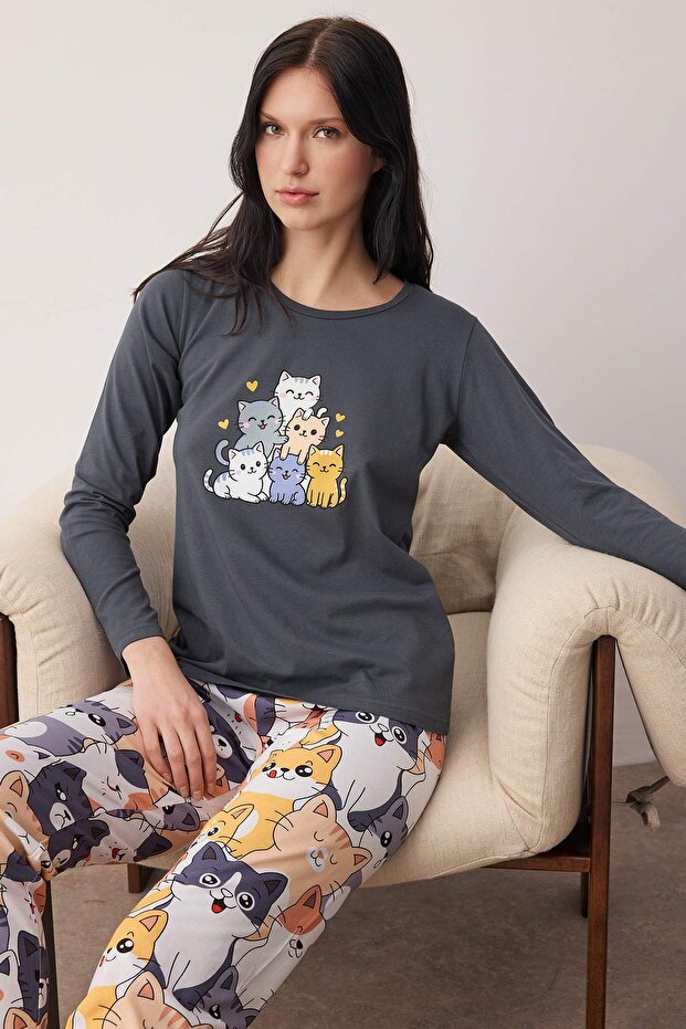 Antrasit Kedi Desenli Pamuklu Likralı Yumuşak Tuşe Örme Pijama Takımı THMAW26PT00167 - 2