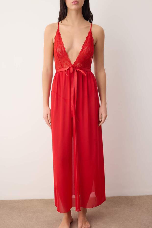 Kırmızı Kurdele/Fiyonklu, Yırtmaçlı ve Dantelli Tül Külotlu Babydoll/Fantezi Gecelik THMAW26LL00023 - 3