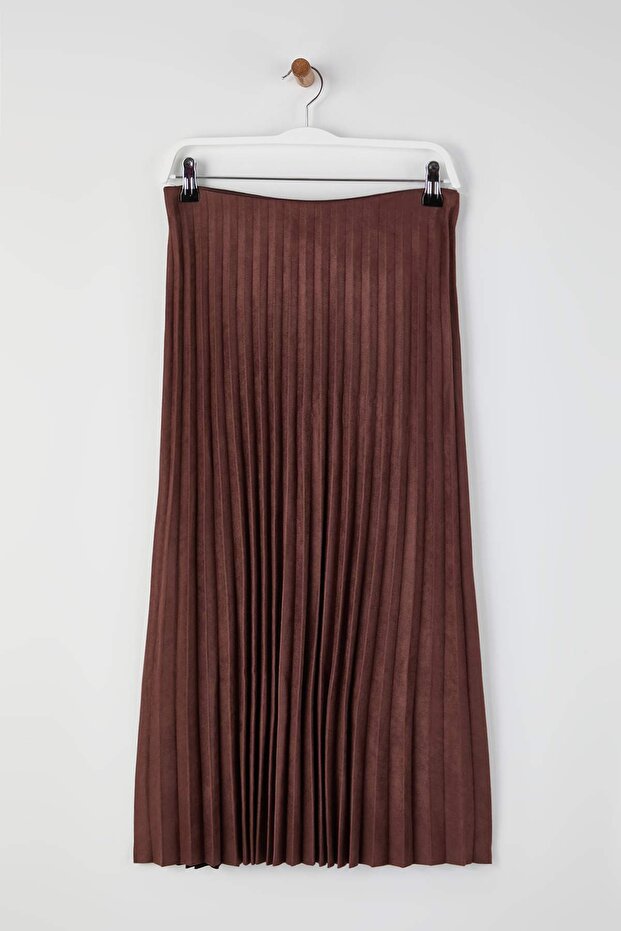 Kahverengi Süet A-line Piliseli Maxi Esnek Örme Etek TWOAW26ET00152 - 6