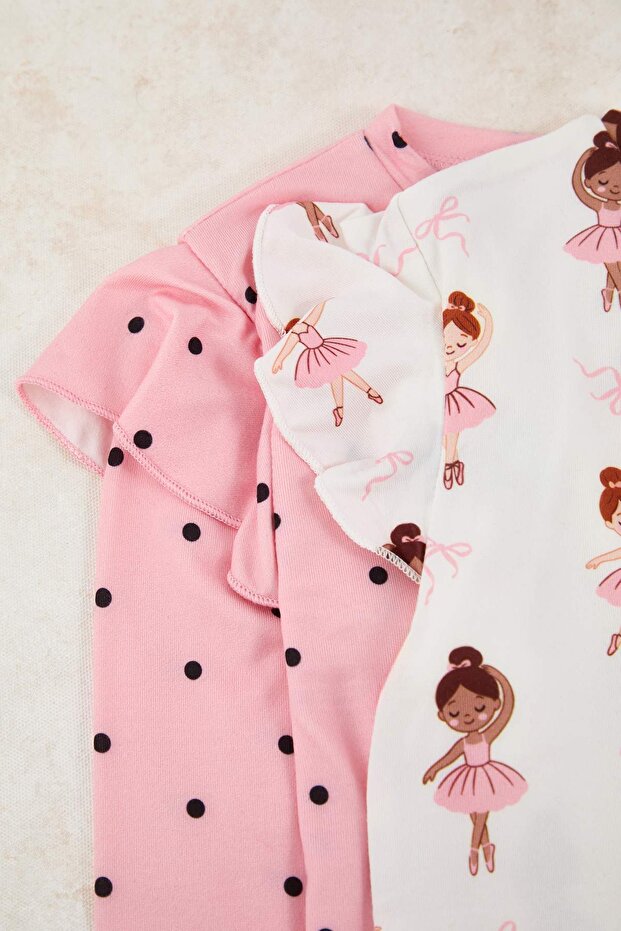 Pudra-Ekru Baskılı Yumuşak Dokulu 4'lü Örme Regular Kız Çocuk Alt-Üst Pijama Takımı TKDAW26PT00012 - 6