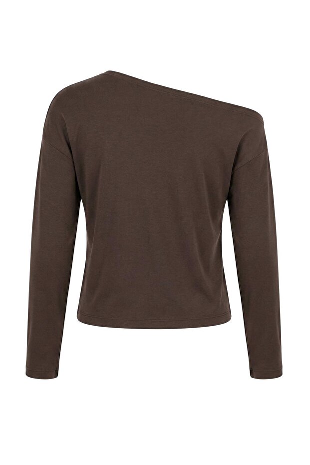 Kahverengi Modal More Sustainable Kayık Yaka Relaxed/Rahat Kesim Premium Örme Bluz TWOAW25BZ00282 - 6