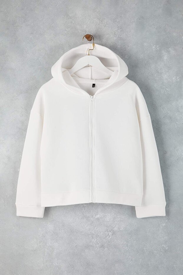 Ekru Kapüşonlu Oversize Crop Boy Büyük Beden Sweatshirt TBBAW26AO00030 - 2