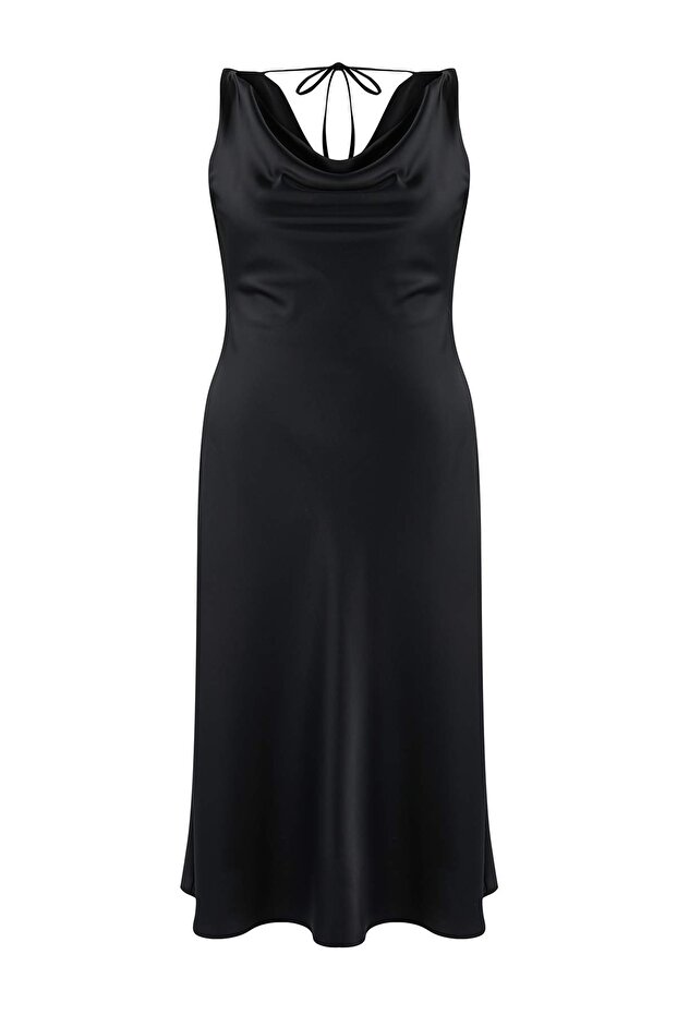 Black Satin Woven Plus Size Dress - 1