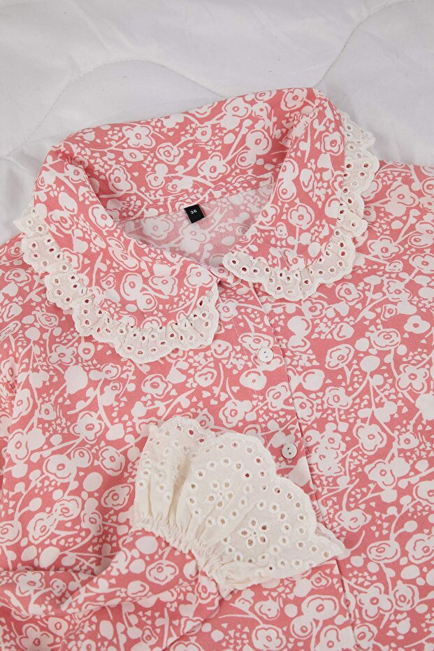 Pembe Çiçekli Viskon Dokuma Pijama Takımı THMAW26PT00185 - 7