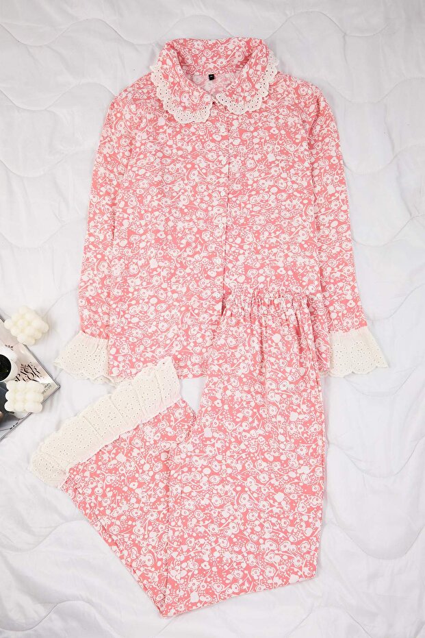 Pembe Çiçekli Viskon Dokuma Pijama Takımı THMAW26PT00185 - 5
