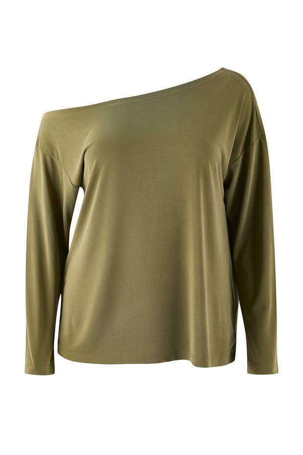 Yeşil Modal Kumaş Kayık Yaka Relaxed/Rahat Kesim Örme Büyük Beden Bluz TBBAW25AF00044 - 5