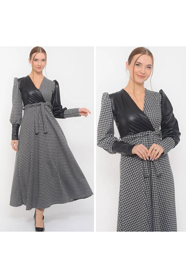 Deri Parçalı Elbise - 1