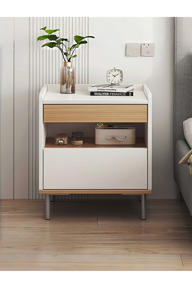 Bedside Table with Fence Design & 3-Storage Spaces, Sturdy Nightstand with Anti-Slip Mat