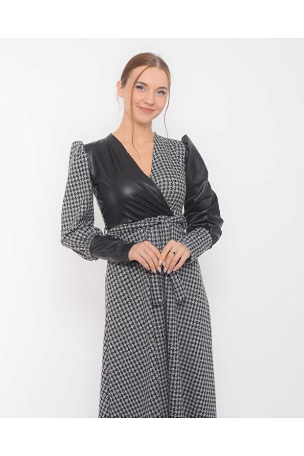 Deri Parçalı Elbise - 6