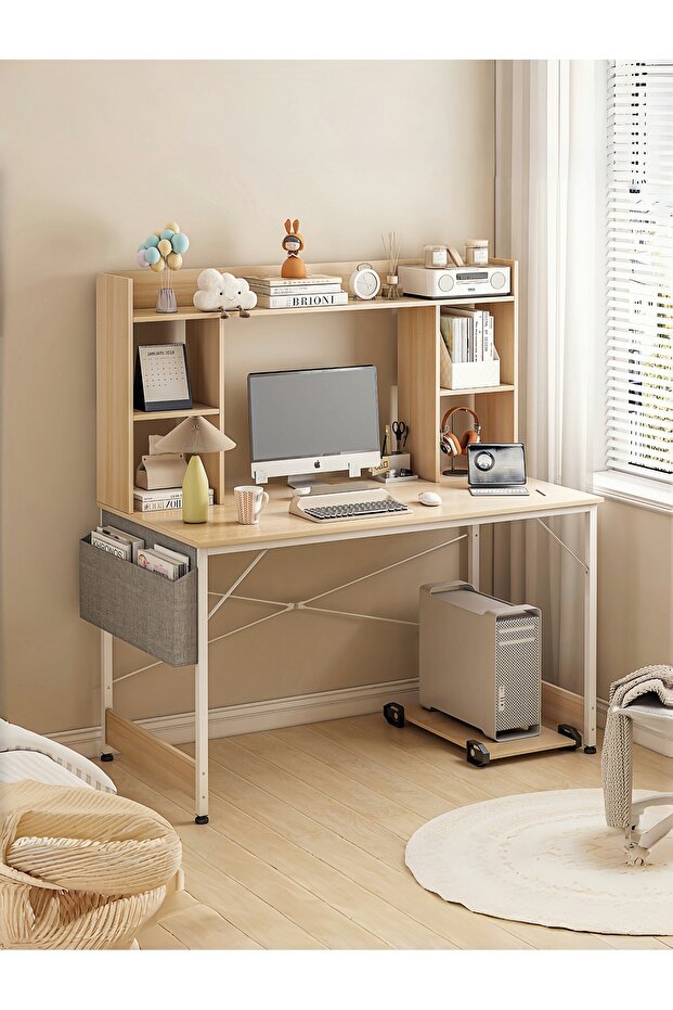 Study Desk with Bookshelf, Large Office Desk, Computer Table with Storage Bag & CPU Stand
