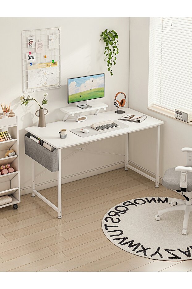 Computer Table With Storage Bag,Home Office Desk with Monitor Stand,Modern Simple Study Desk