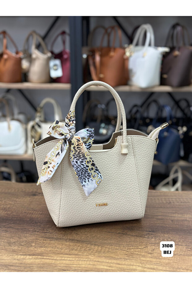 Model 3108 - Scarf Detailled Hand and Shoulder Bag - (Beige)