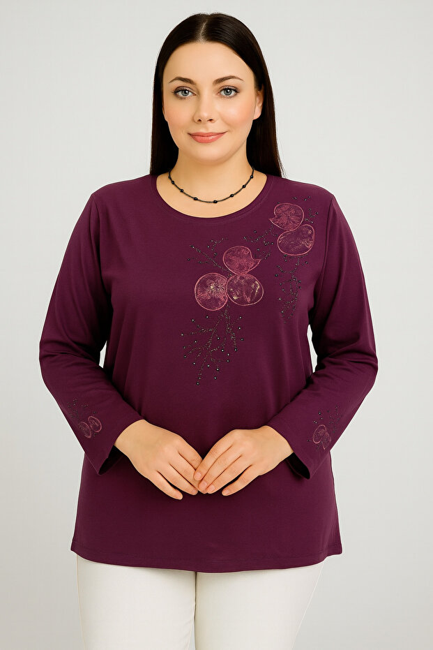 Relaxed Cut Round Neck Sleeve Embroidered Mother Women's Combed Cotton Blouse