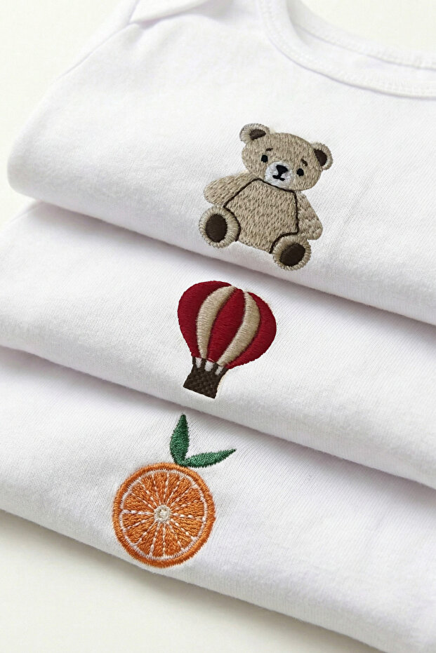 3-Piece Embroidered Snap Fastener Long Sleeve Baby Bodysuit 100% Cotton