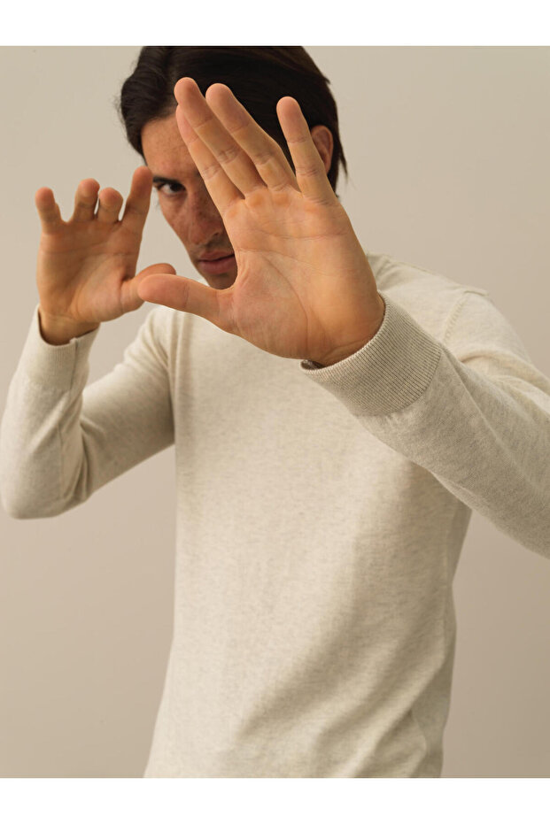 Erkek Ekru Regular Fit Basic Kazak - 4