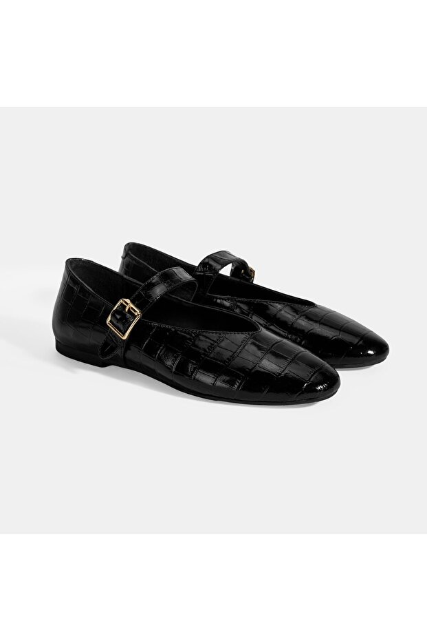 Women's Black Crocodile Printed Mary Jane Leather Ballerinas