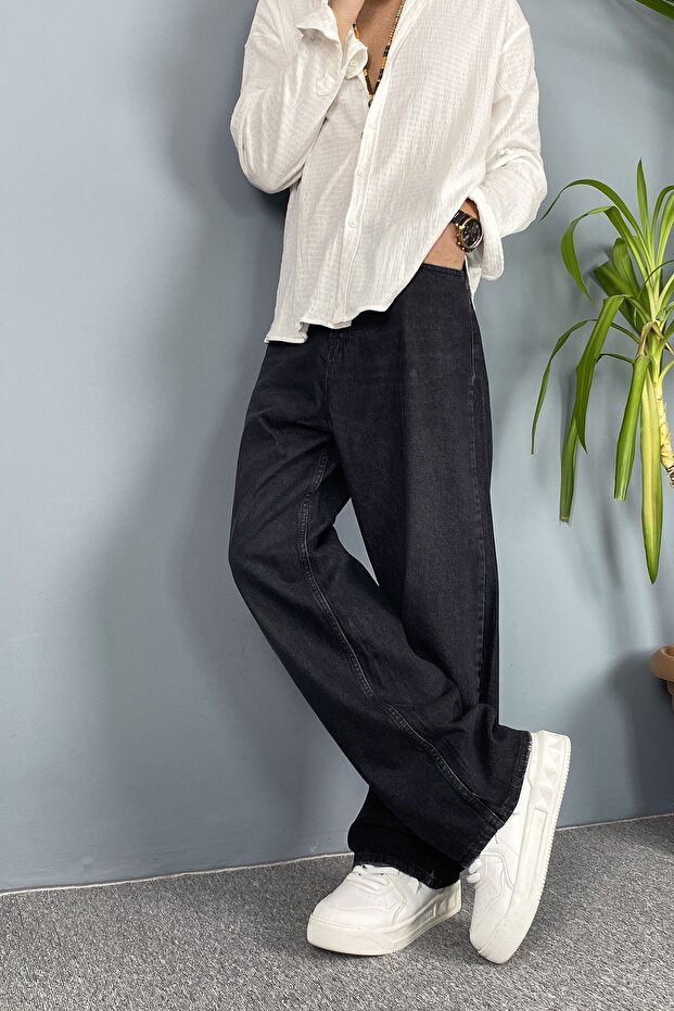 Taşlanmış Baggy Fit Jean - Denim Pants Black-Navy Blue