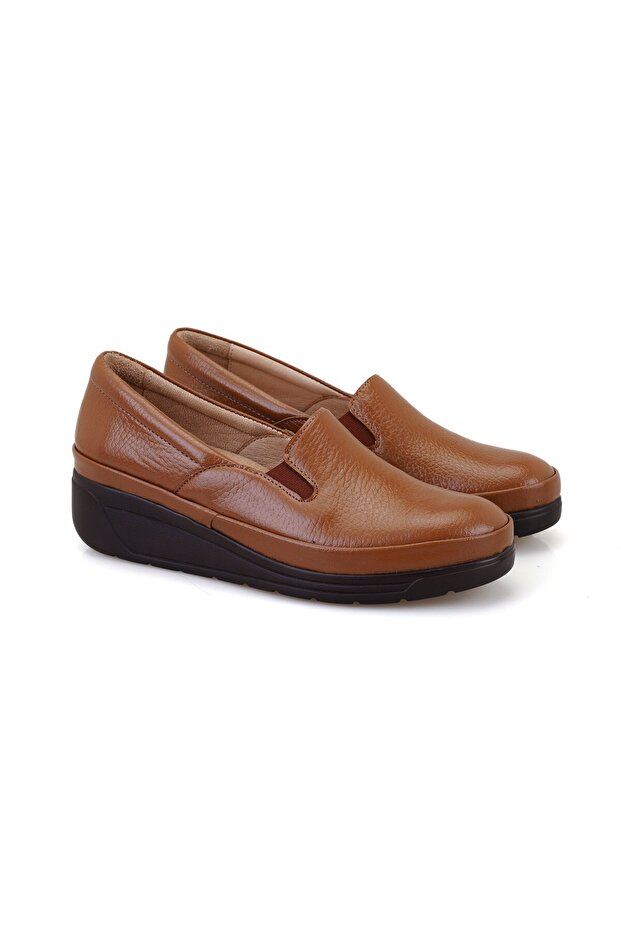 Women's Tan Wedge Heeled Leather Desacomfort Casual Shoes