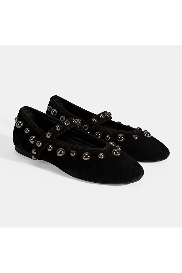 Women's Black Metal Stud Detailed Mary Jane Ballerinas