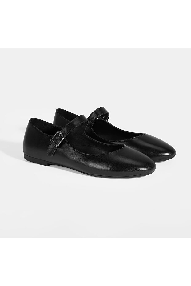 Women's Black Leather Mary Jane Ballerinas