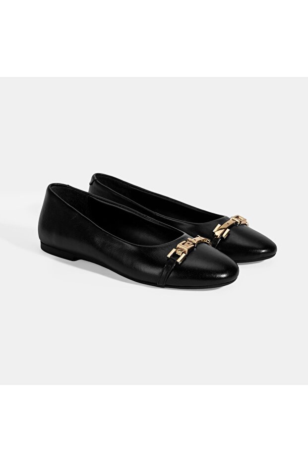 Women's Black Leather Ballerinas with Metal Buckle Accessories