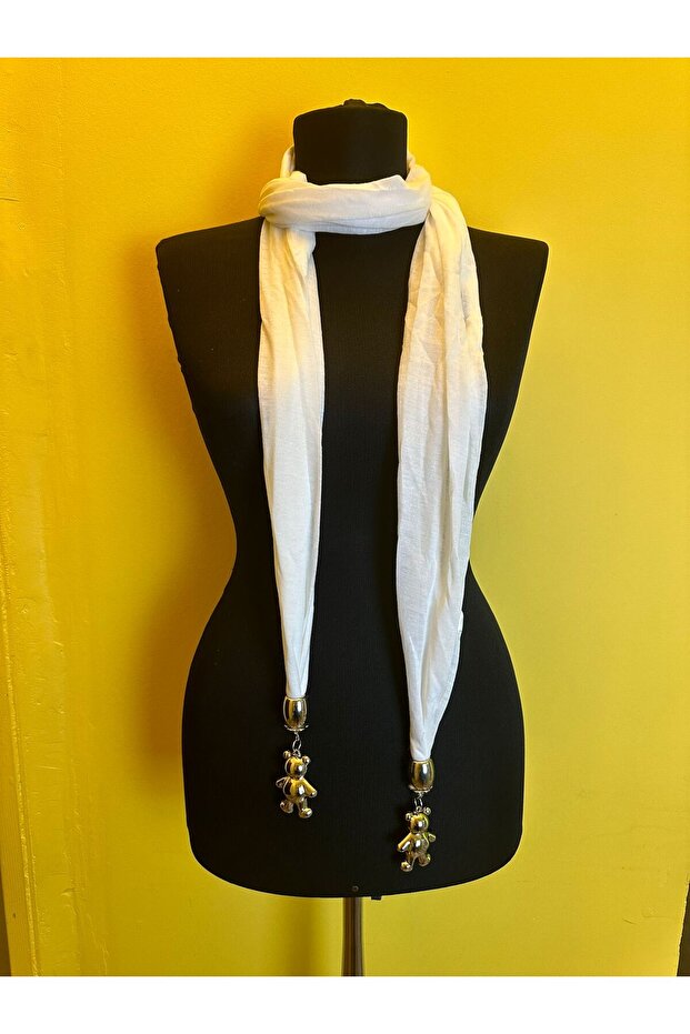 White Combed Cotton Women's Scarf with Bear Motif