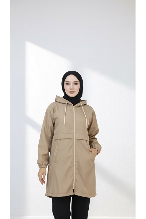 Hooded Zippered Raincoat Trench Coat