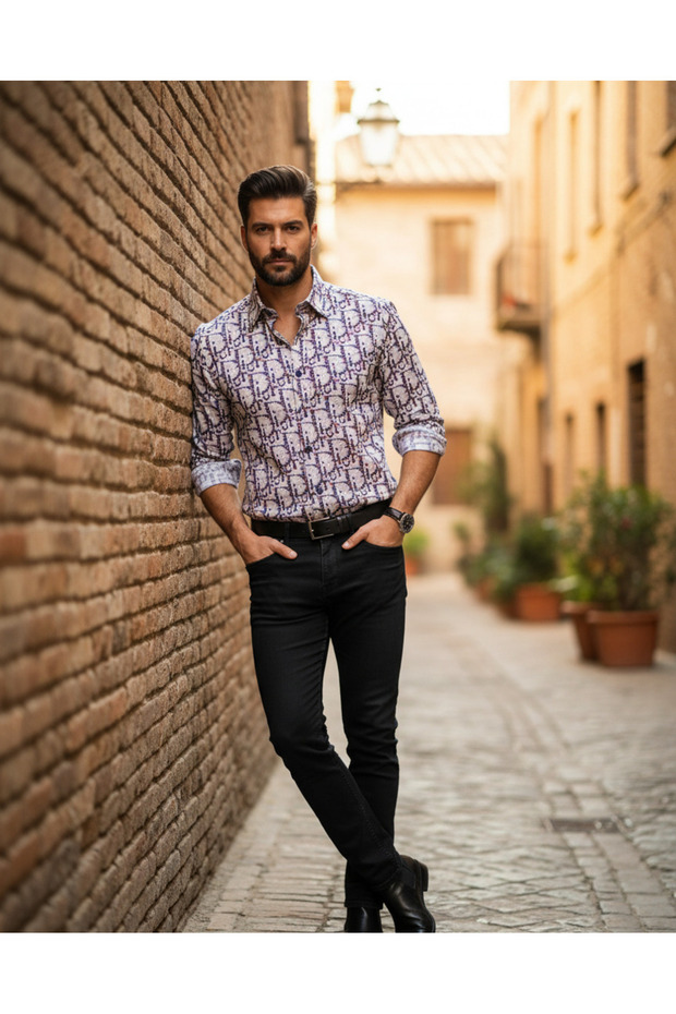 Long Sleeve Cotton Letter Print Regular Fit Men's Shirt