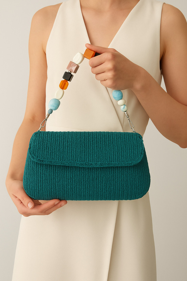 Çanta Yeşil Canvas El Örgüsü - 2