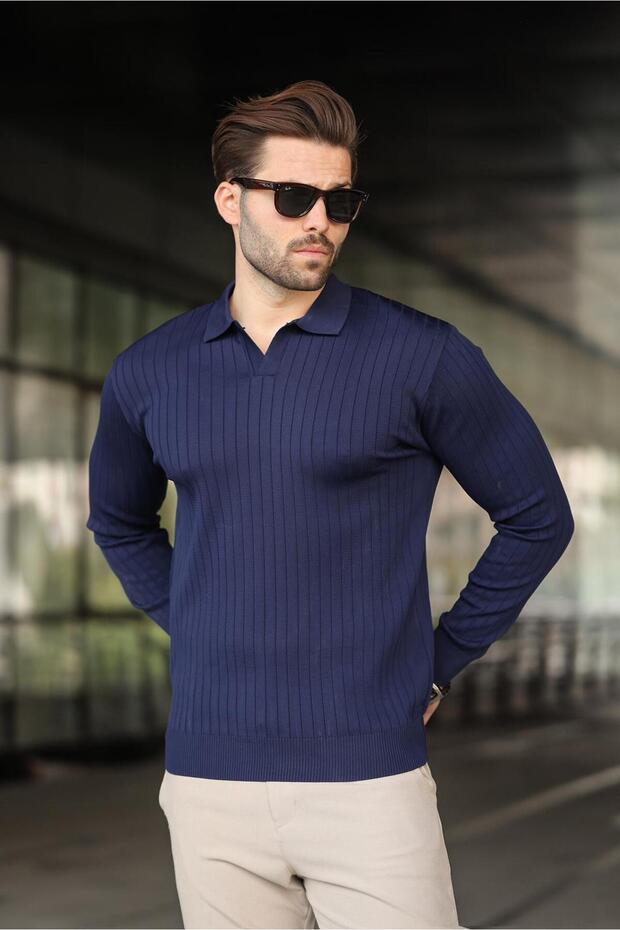 Navy Blue Polo Neck Striped Long Sleeve Sweater 7239