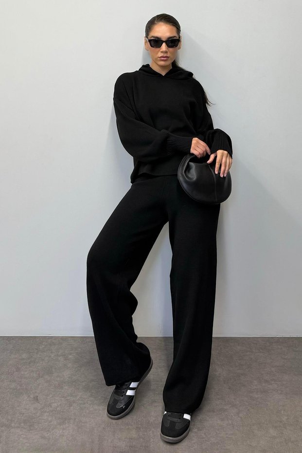 Black Hooded Knitwear Women's Tracksuit Set Mg2237