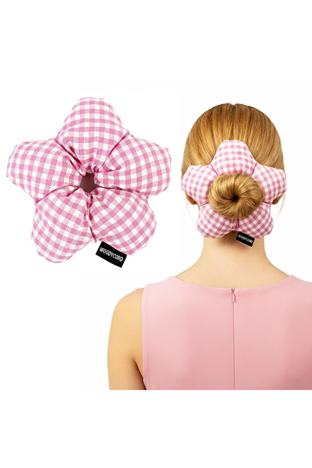 Handmade Pink and White Gingham Floral Scrunchie Bun Hair Tie