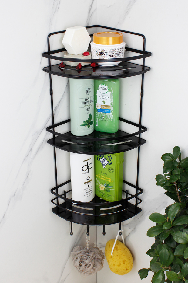 Crystal Shelf Stainless Black Llama Triple Shampoo Holder Adhesive Bathroom Organizer Corner Shelf