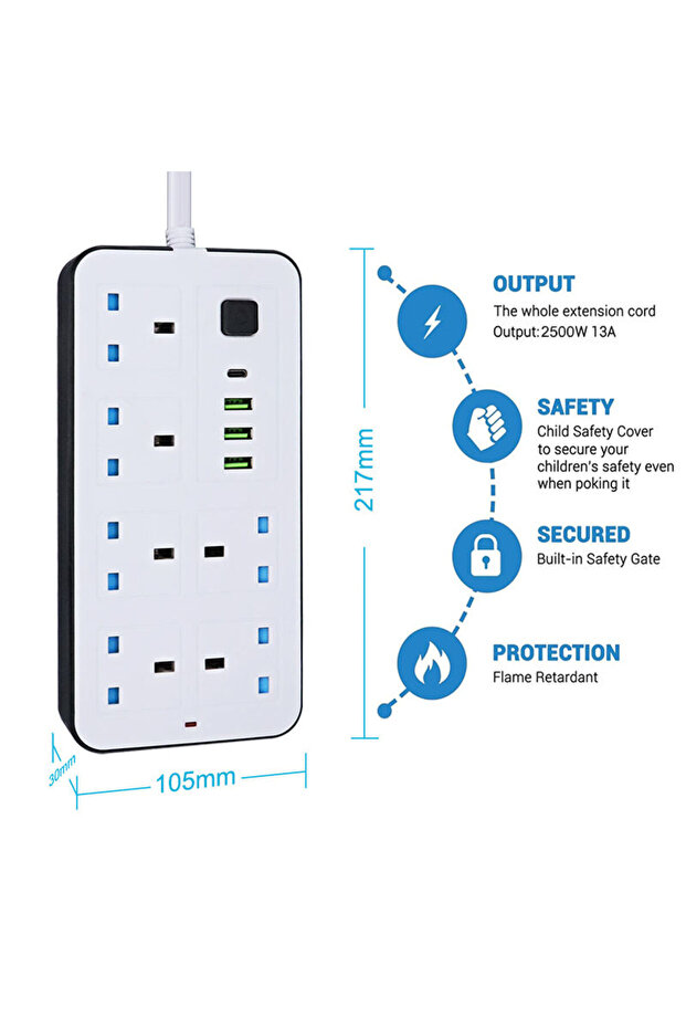 وصلة طاقة 10 في 1 بقدرة 2500 وات مع 6 منافذ تيار متردد، 3 منافذ USB + 1 منفذ PD Type-C، سلك بطول 5 أمتار، أبيض - 6