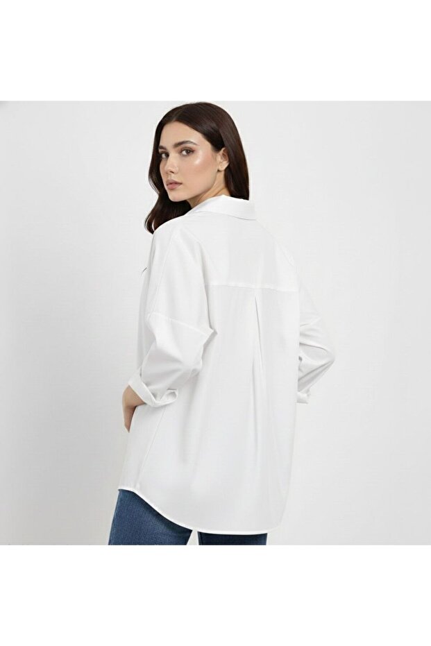 Kadın Beyaz Oversize Uzun Basic Gömlek - 2