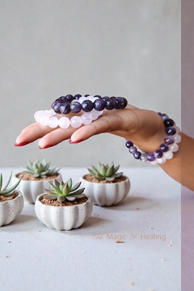 Amethyst & Pink Quartz Natural Stone 2-Piece Bracelet