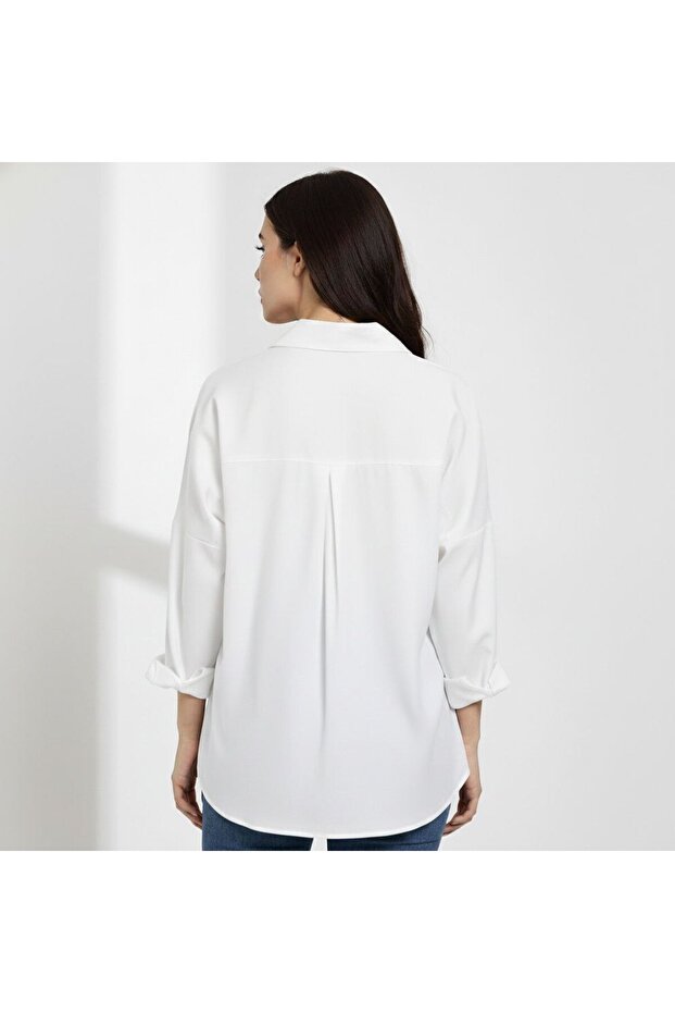 Kadın Beyaz Oversize Uzun Basic Gömlek - 3
