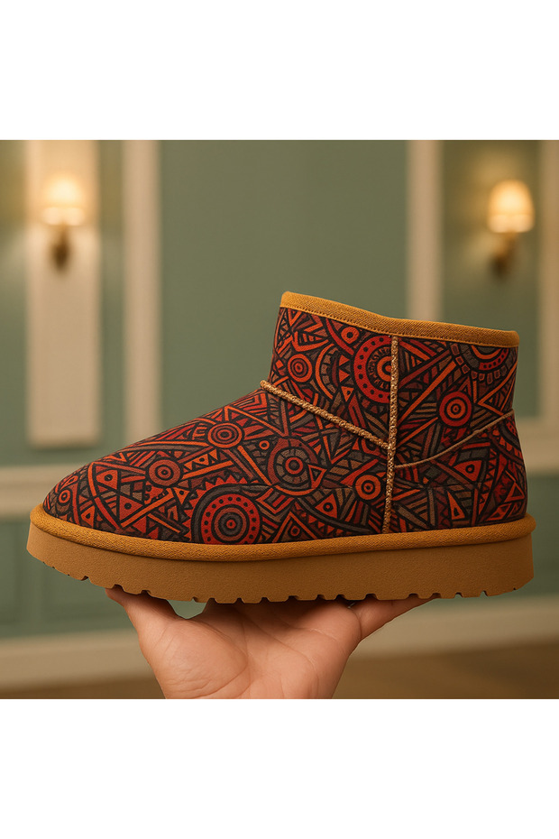 Kadın Classic Mini Etnik Desenli Kürklü Süet Bot - 1