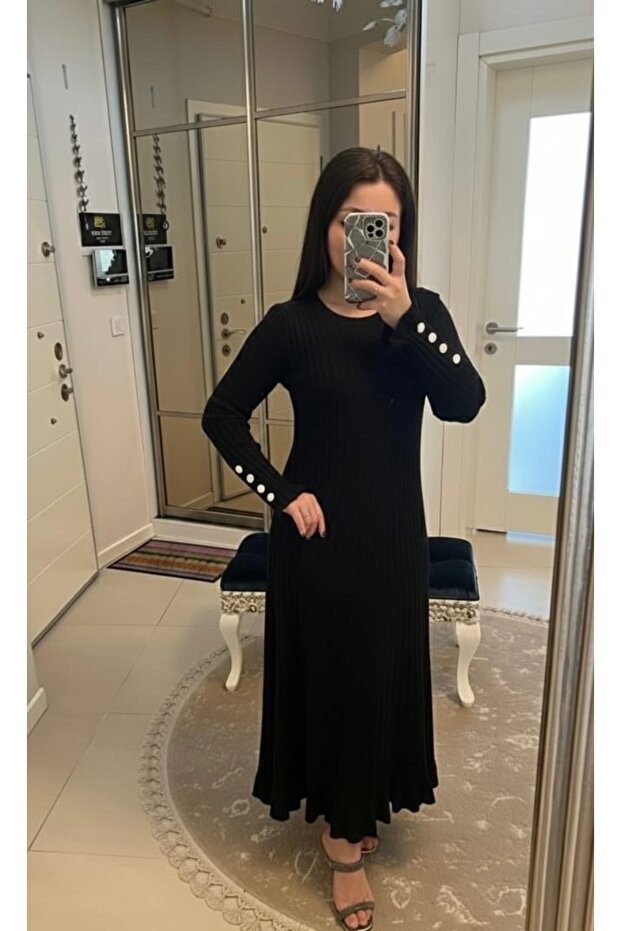 Triko Elbise Fitilli Siyah - 2