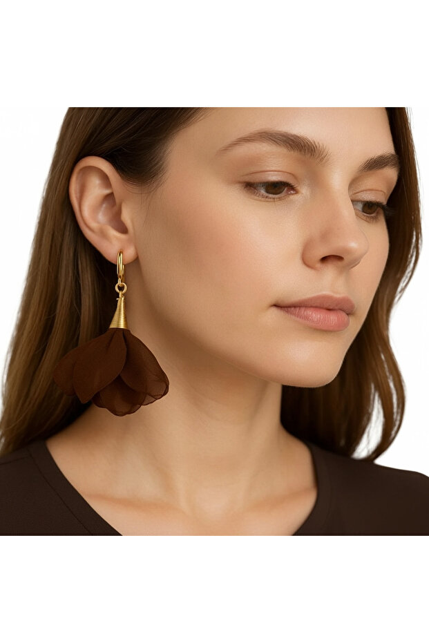 Women's Clip-On Earrings for Non-Pierced Ears with Brown Chiffon Tulle