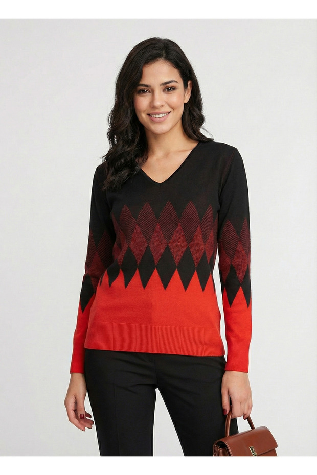 Women's Red Diamond Patterned V-Neck Sweater