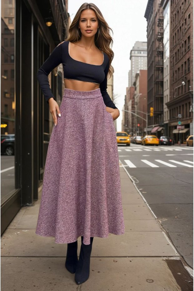 Women's Burgundy Winter Wrinkled Cashmere Skirt, with Pockets, High Waist, Long, Kilos 3528330