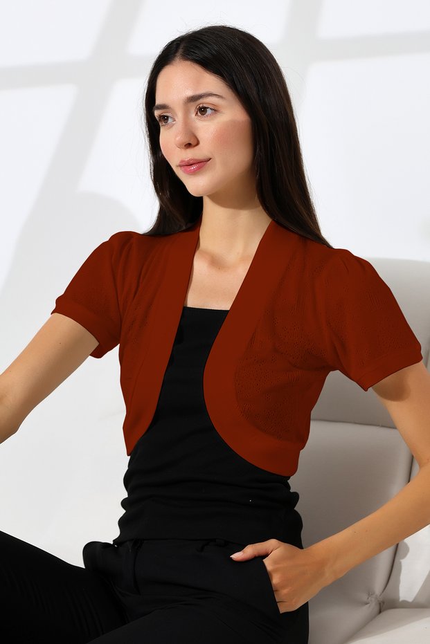 Puzi Women Slim Fit Oval Skirt Openwork Patterned Short Sleeve Gathered Shoulders Short Cardigan & Bolero - Burgundy